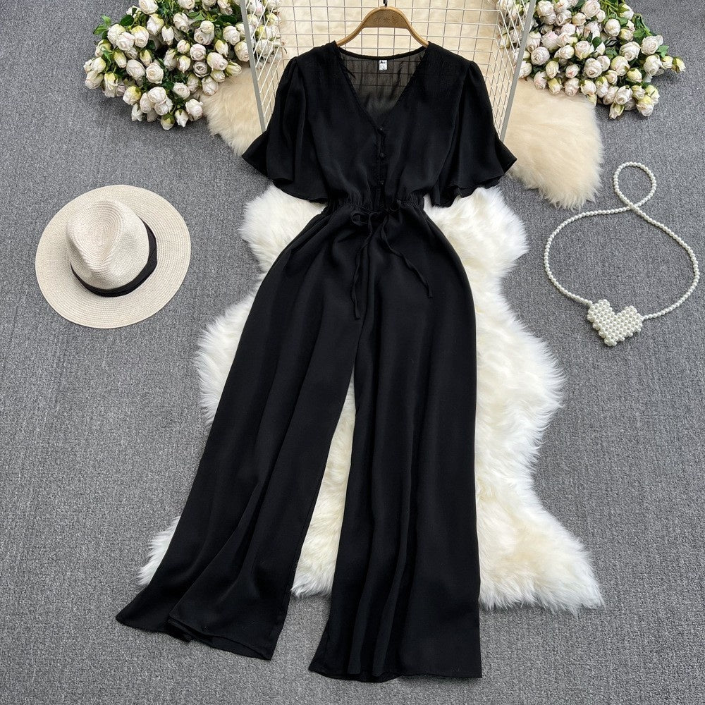 Chic Flared Sleeve High-Waist Casual Jumpsuit