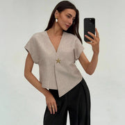 Slimming V-Neck Top – Wide-Shoulder, Waist-Cinching, Irregular Hem