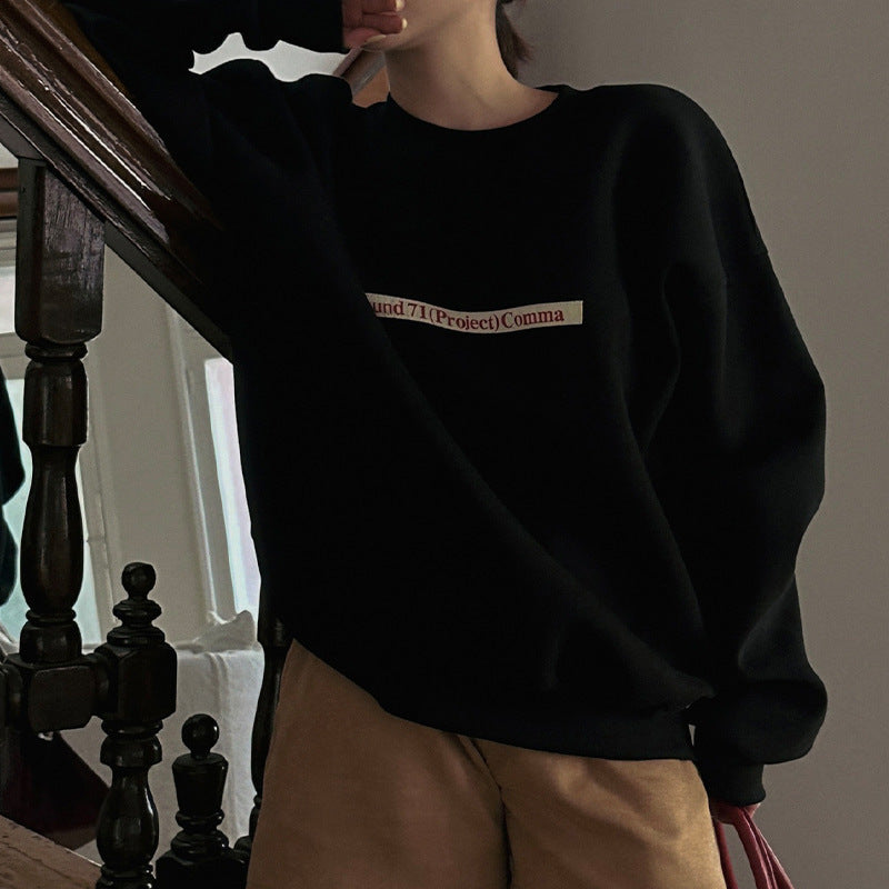 Korean Style Alphabet Embroidered Loose Round Neck Sweater