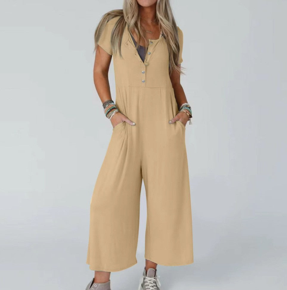 Women's Casual Slim-Fit Short-Sleeve Jumpsuit with Pockets