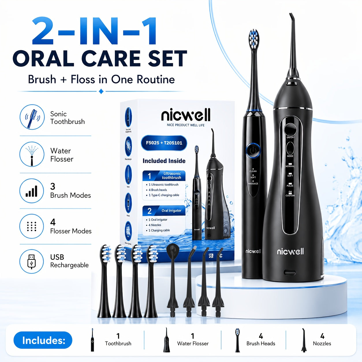Rechargeable Sonic Electric Toothbrush and Water Flosser Combo