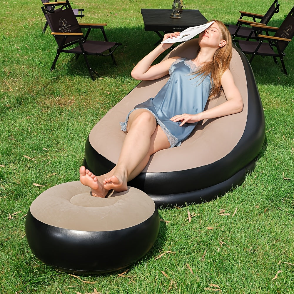 New Generation Inflatable Lounge Sofa, Portable Outdoor Foldable Recliner With Footrest, Comfortable Flocked Sofa Chair Combo, Suitable For Camping, Hiking, Home Use, And Sunbathing.