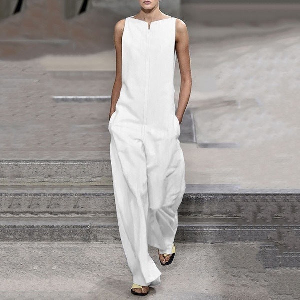 Women's Classic Solid Color Sleeveless Wide-Leg Jumpsuit