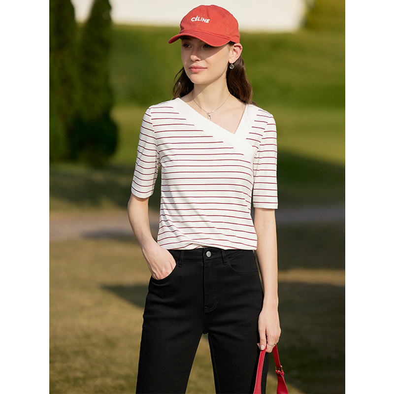 Striped V-Neck Slim Fit Half-Sleeve T-Shirt