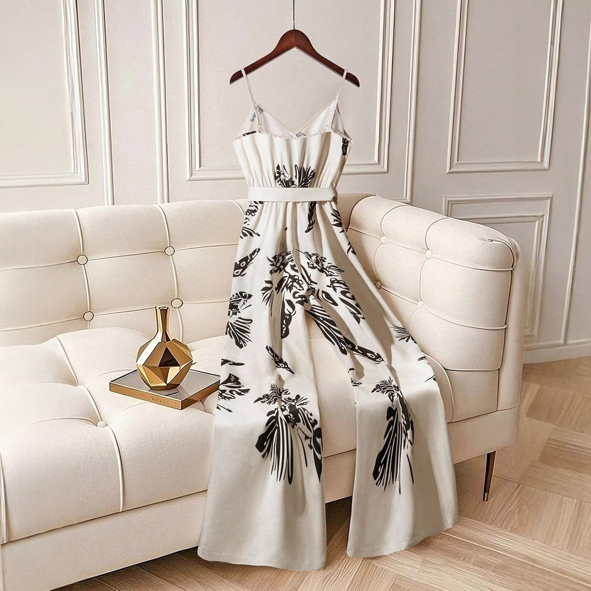 Chic Digital-Print Wide-Leg Jumpsuit with Belt