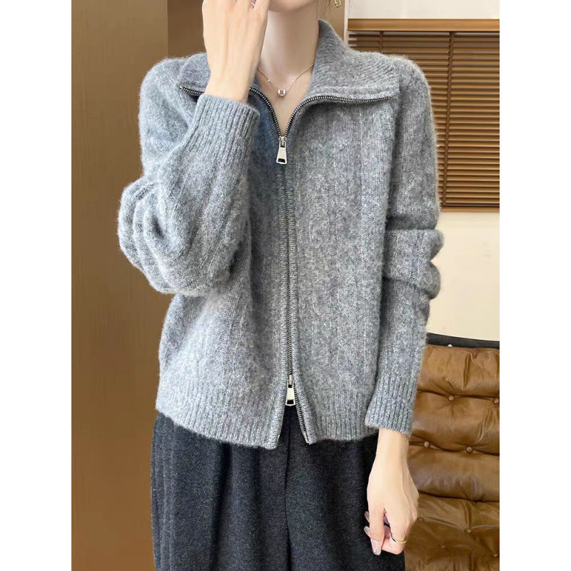 Womens Twist-open Cardigan with Double Zippers and Lapel Collar
