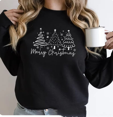 Festive Solid Color Christmas Crewneck Sweatshirt for Women