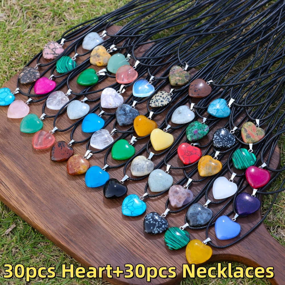 Assorted Hexagonal Crystal Stone Pendants with Black Leather Necklace Chain – 60 Pieces (30 Sets)