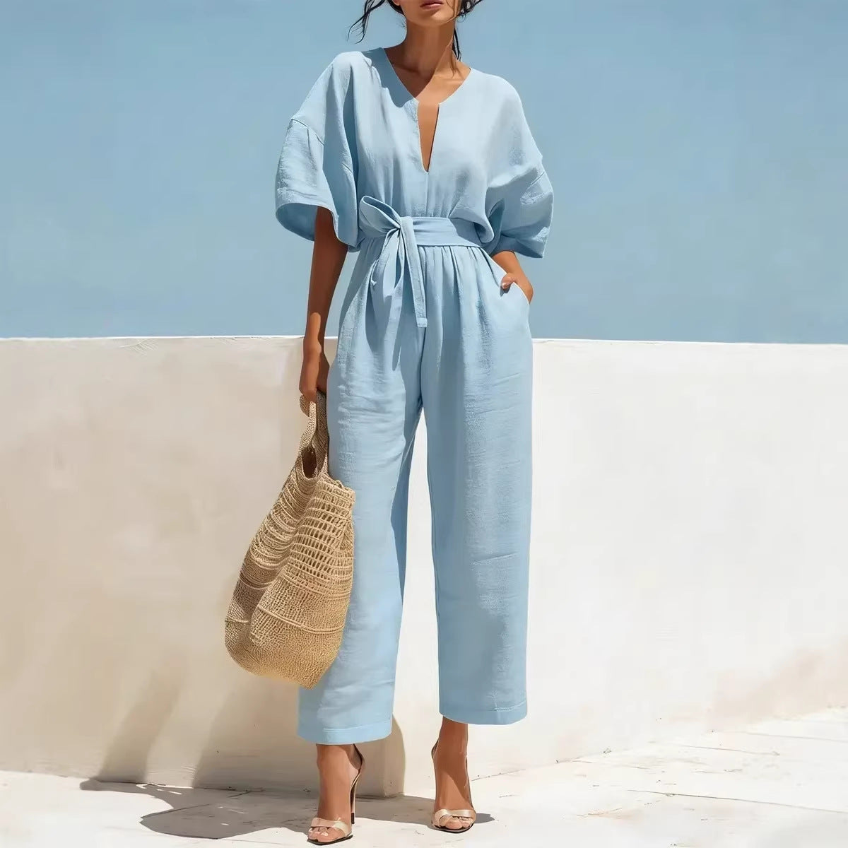Women's Cotton Linen V-Neck Wide-Leg Jumpsuit