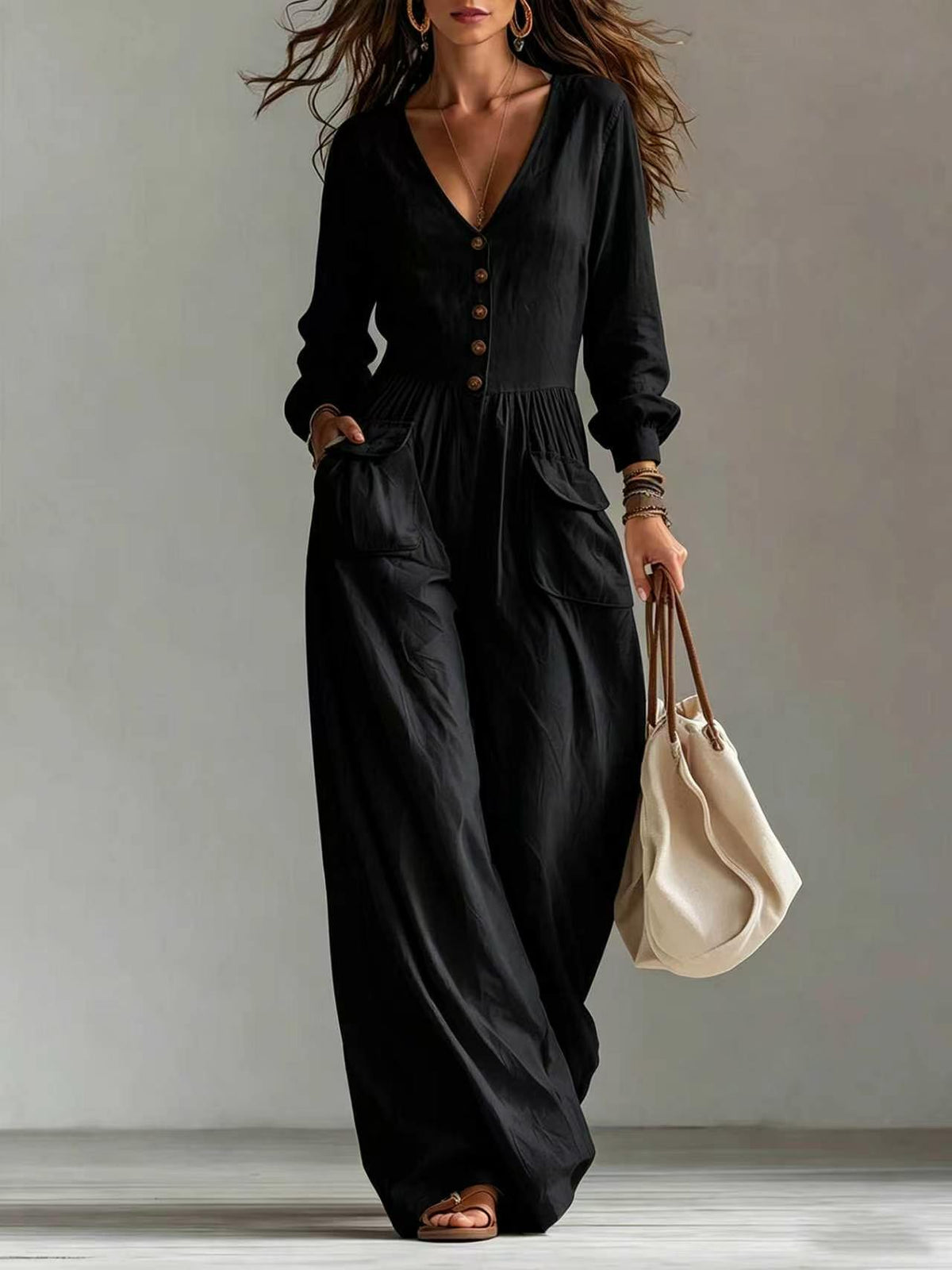 New Autumnwinter Casual Chic Womens V-neck Long-sleeve Jumpsuit With Pockets