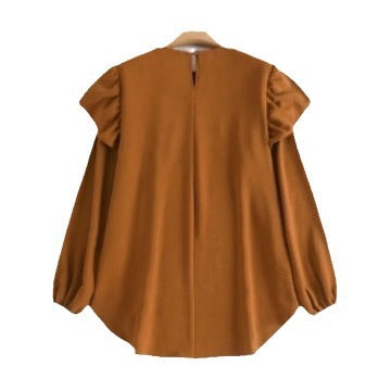 Solid Color Long Sleeve Loose Lotus Leaf Round Neck Top Shirt