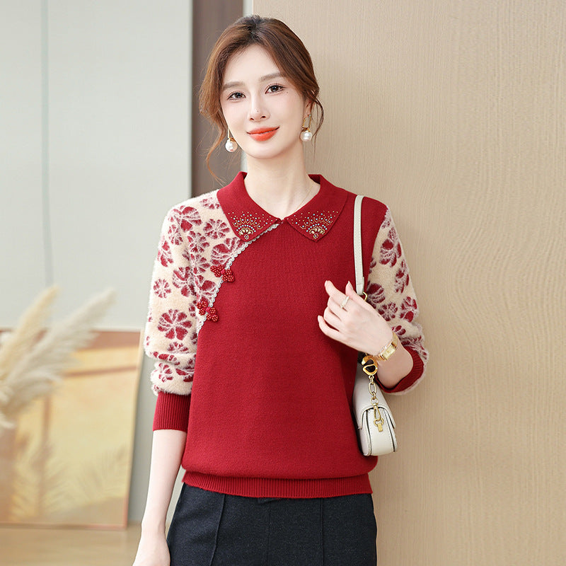 Womens Knitted Fleece Jacquard Polo-neck Sweater for Layering