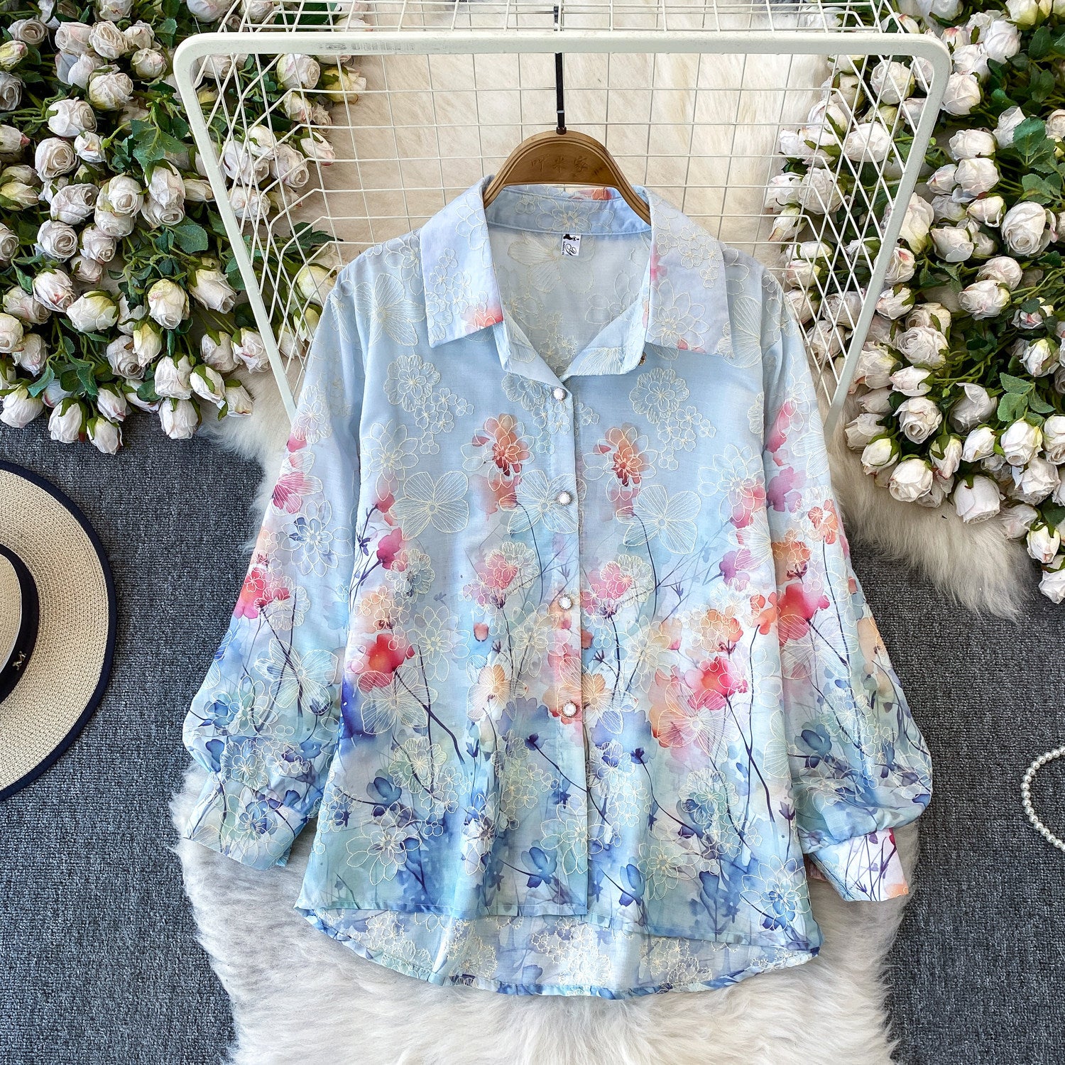 Printed Long-Sleeve Sun-Protective Shirt Womens Loose Mid-Length Coat