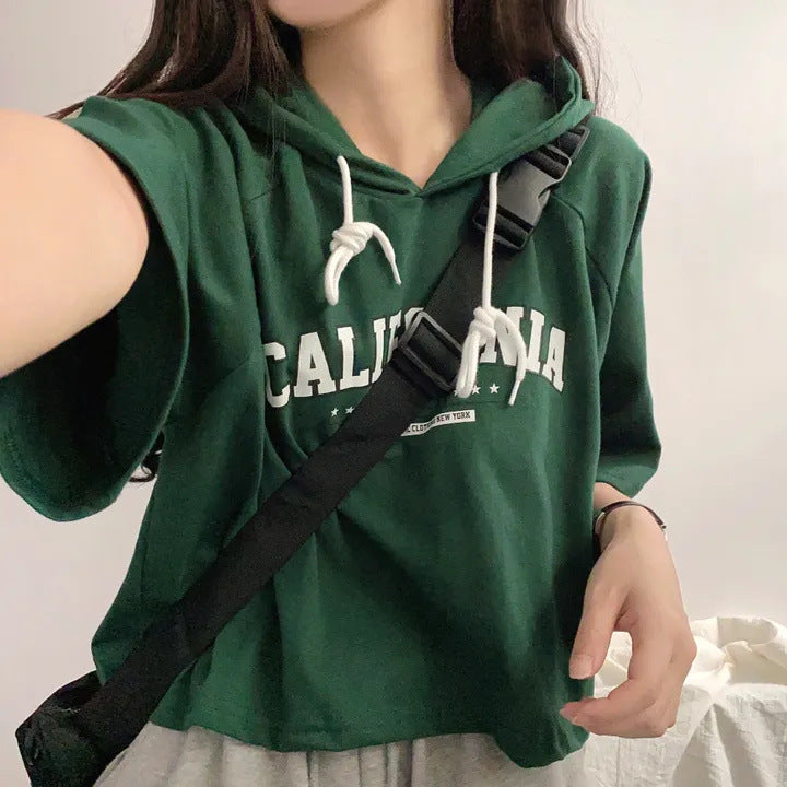 Casual Letter Print Short Sleeve Hooded Tee