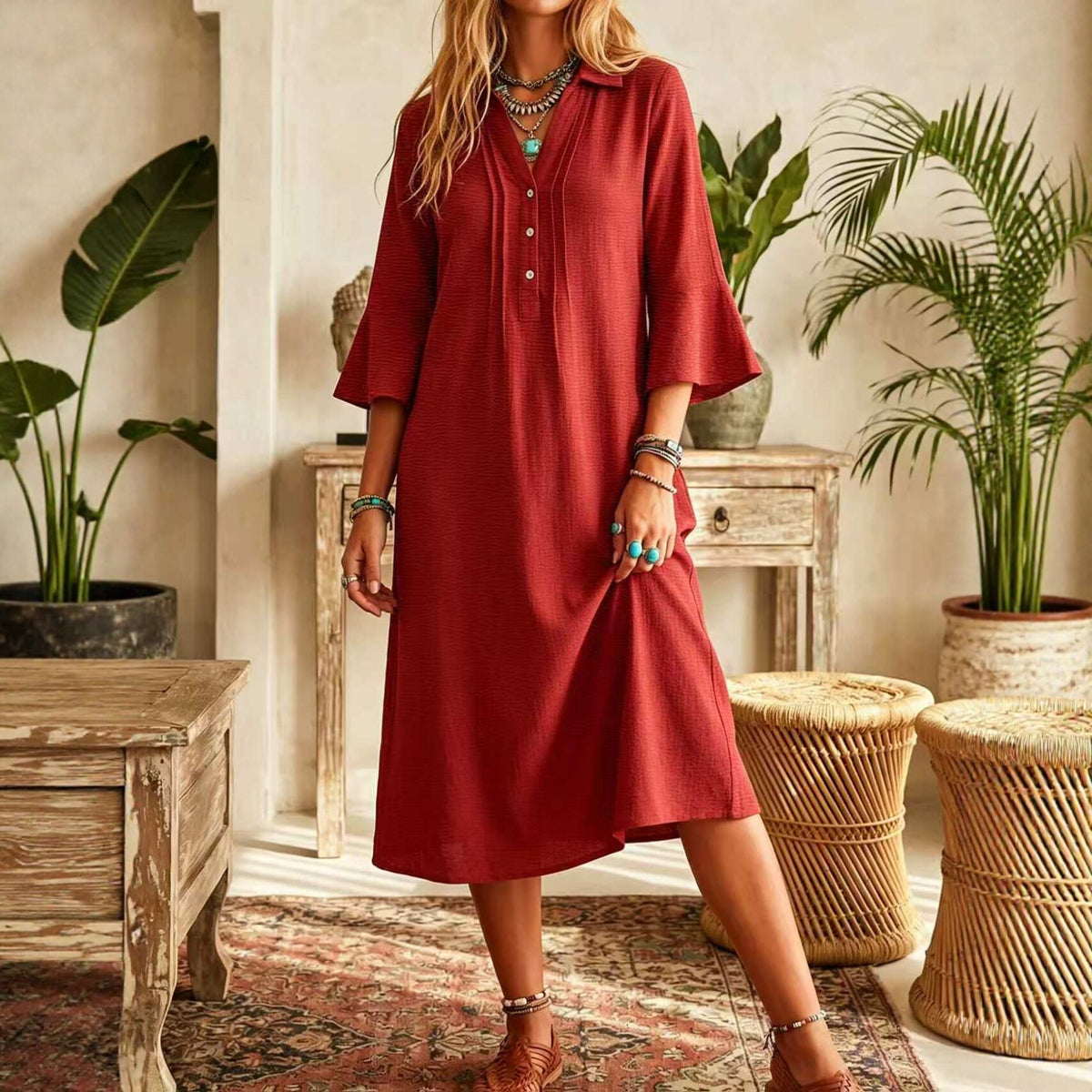 Red Long Casual Linen Shirt Dress with Buttons