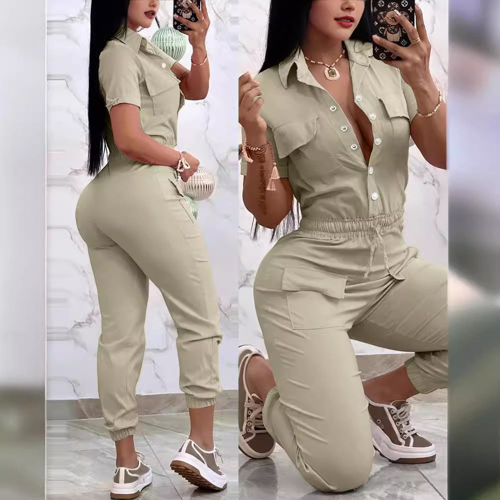 Women's Casual Multi-Pocket Elastic Waist Cargo Overalls