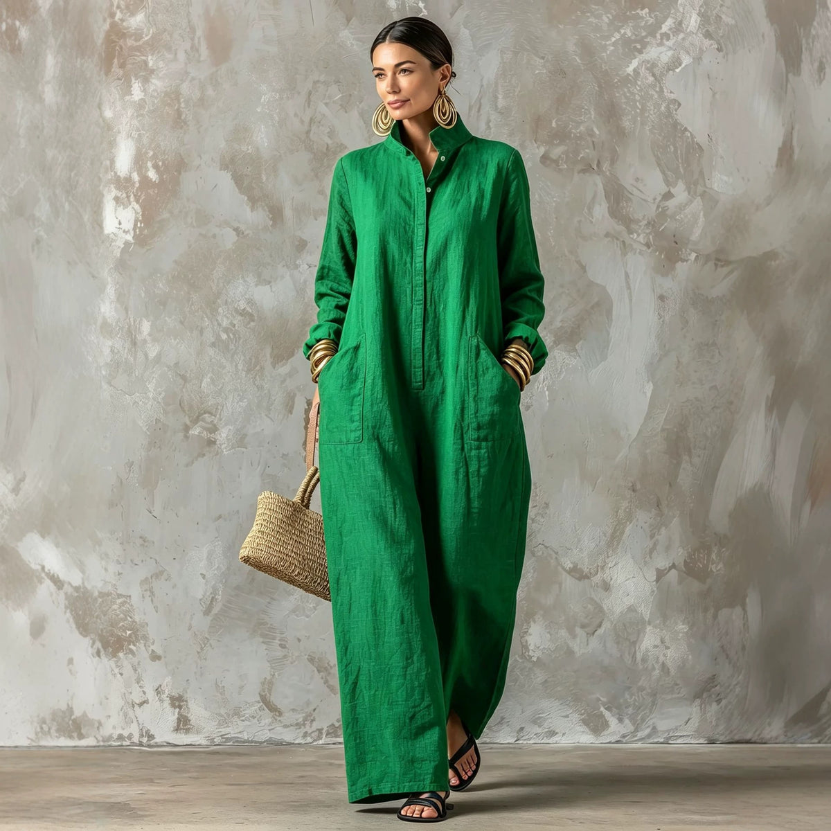 Chic Mandarin Collar Wide-Leg Long Sleeve Jumpsuit