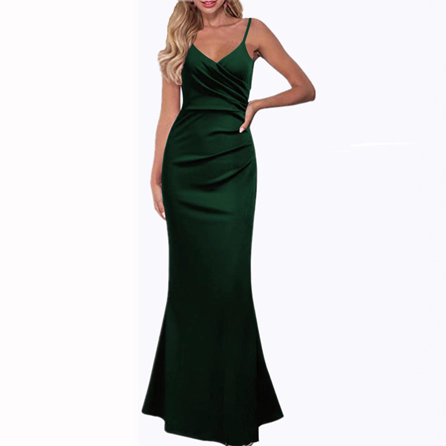 Elegant Solid Color Slim-Fit Suspender Long Swing Dress