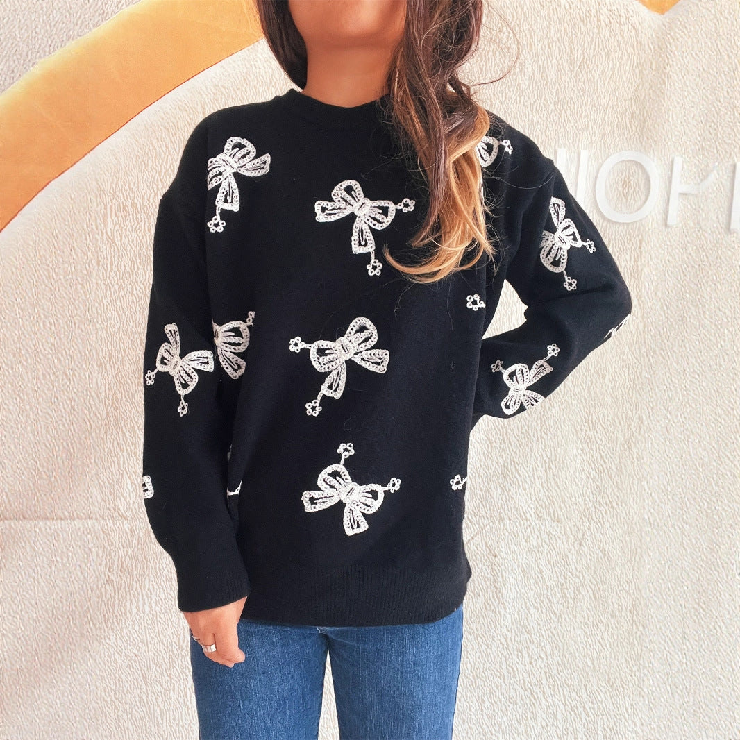 Contrast Color Bow Casual Loose Knitted Round Neck Sweater