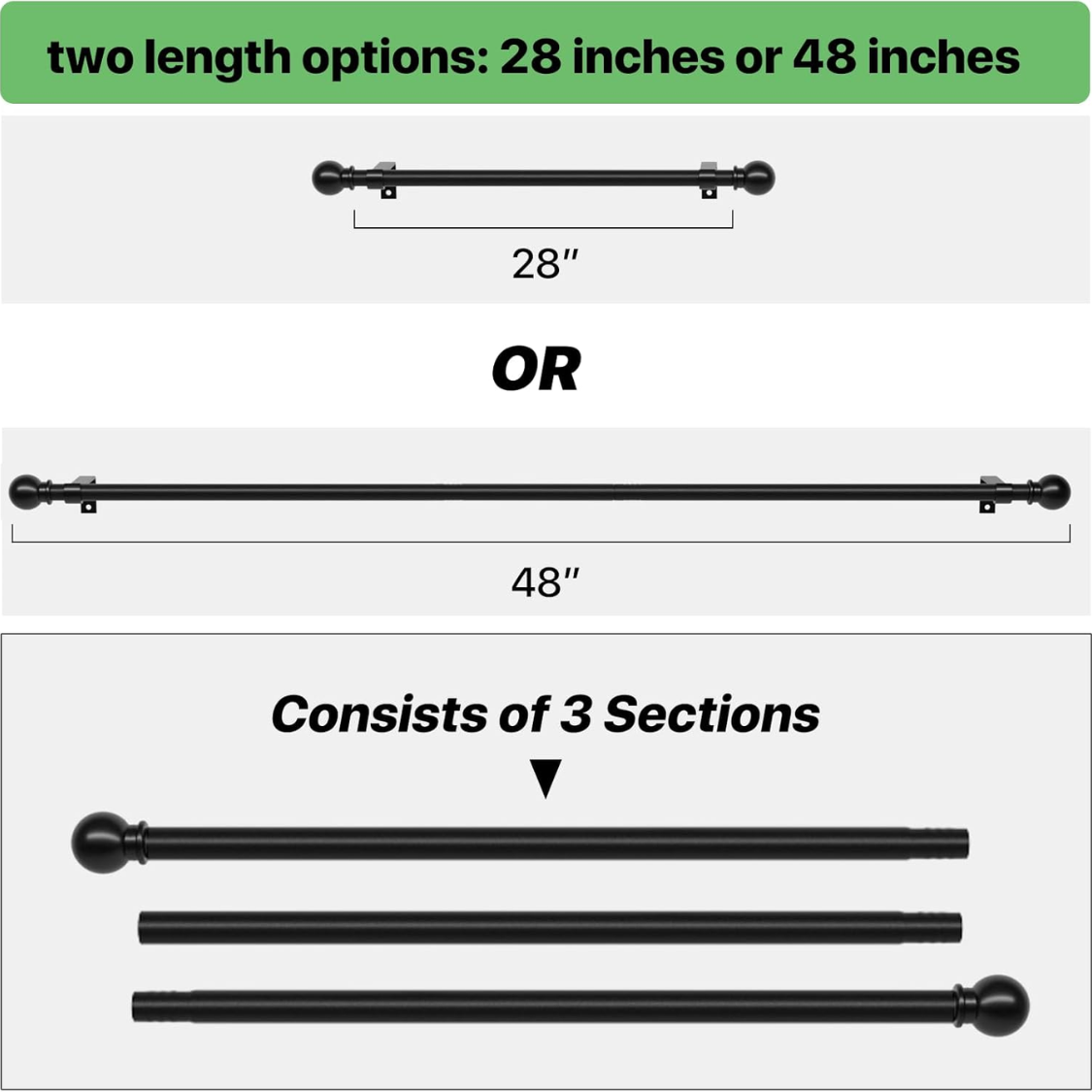 Curtain Rods for Windows 28 to 48 Inch, Black Curtain Rod Set with Brackets, Splicing Adjustable Metal Drapery Rod for Bedroom, Kitchen, Living Room, Matte Black