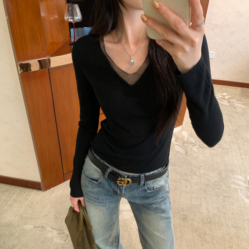 Slim Fit Mesh-Panel V-Neck Base Layer Top for Women