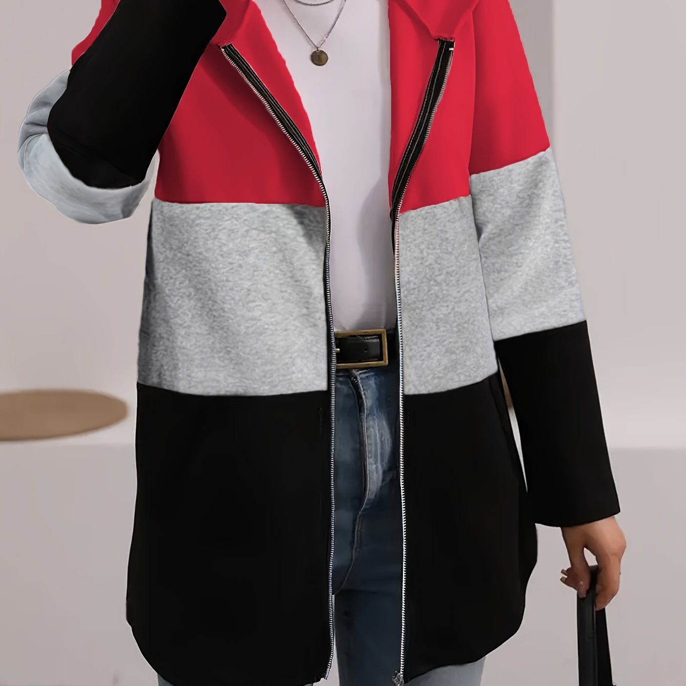 Elegant Multicolor Patchwork Hooded Zip-Up Sweatshirt Jacket (Plus Size)