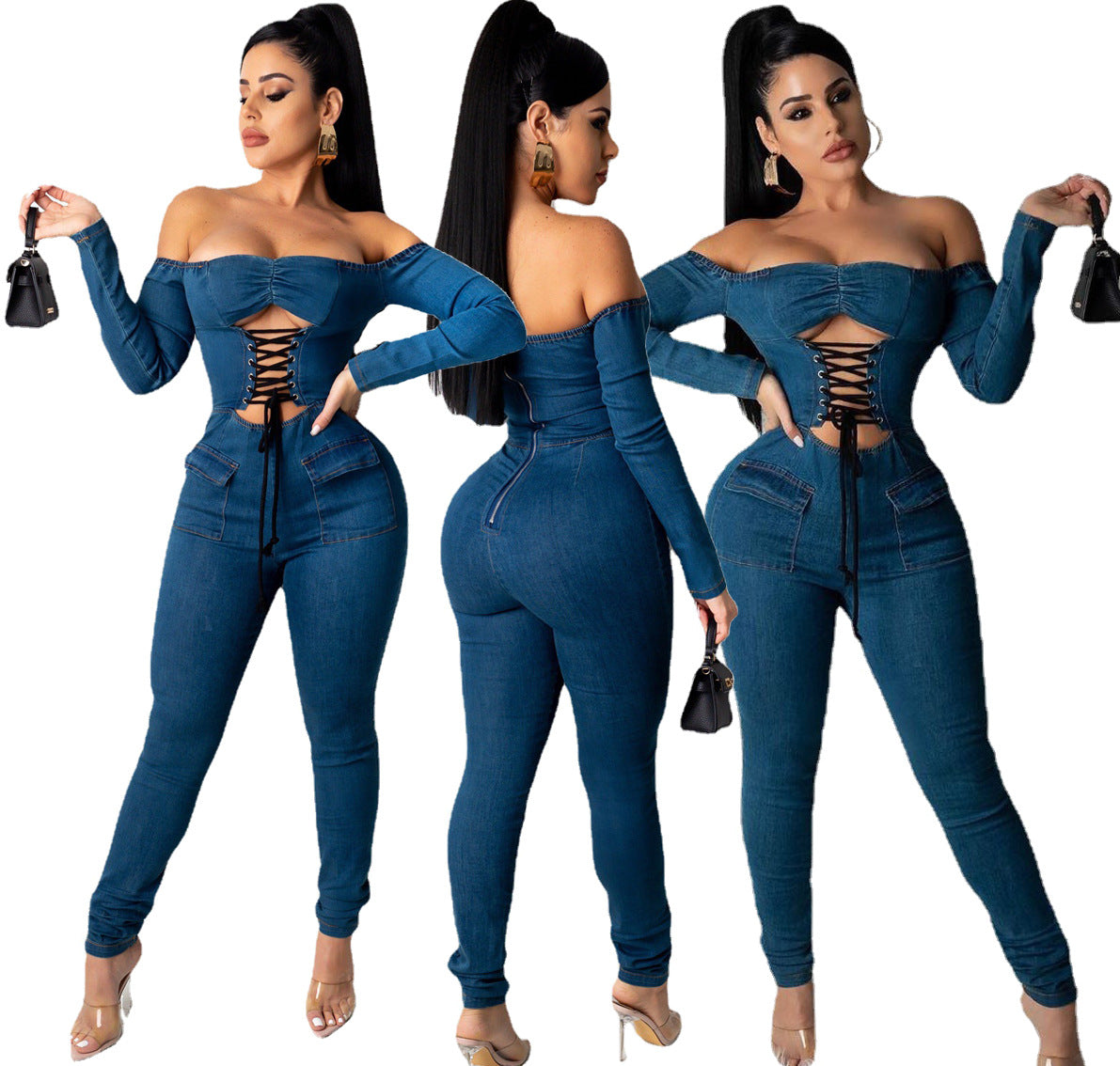 Women's Off-Shoulder Distressed Denim Jumpsuit
