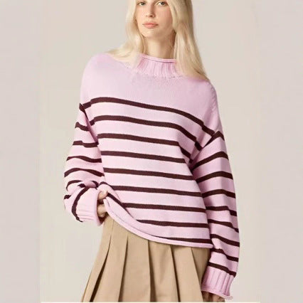 Stripe Warm Knitted Pullover Elegant Round Neck Long Sleeve Loose Sweater