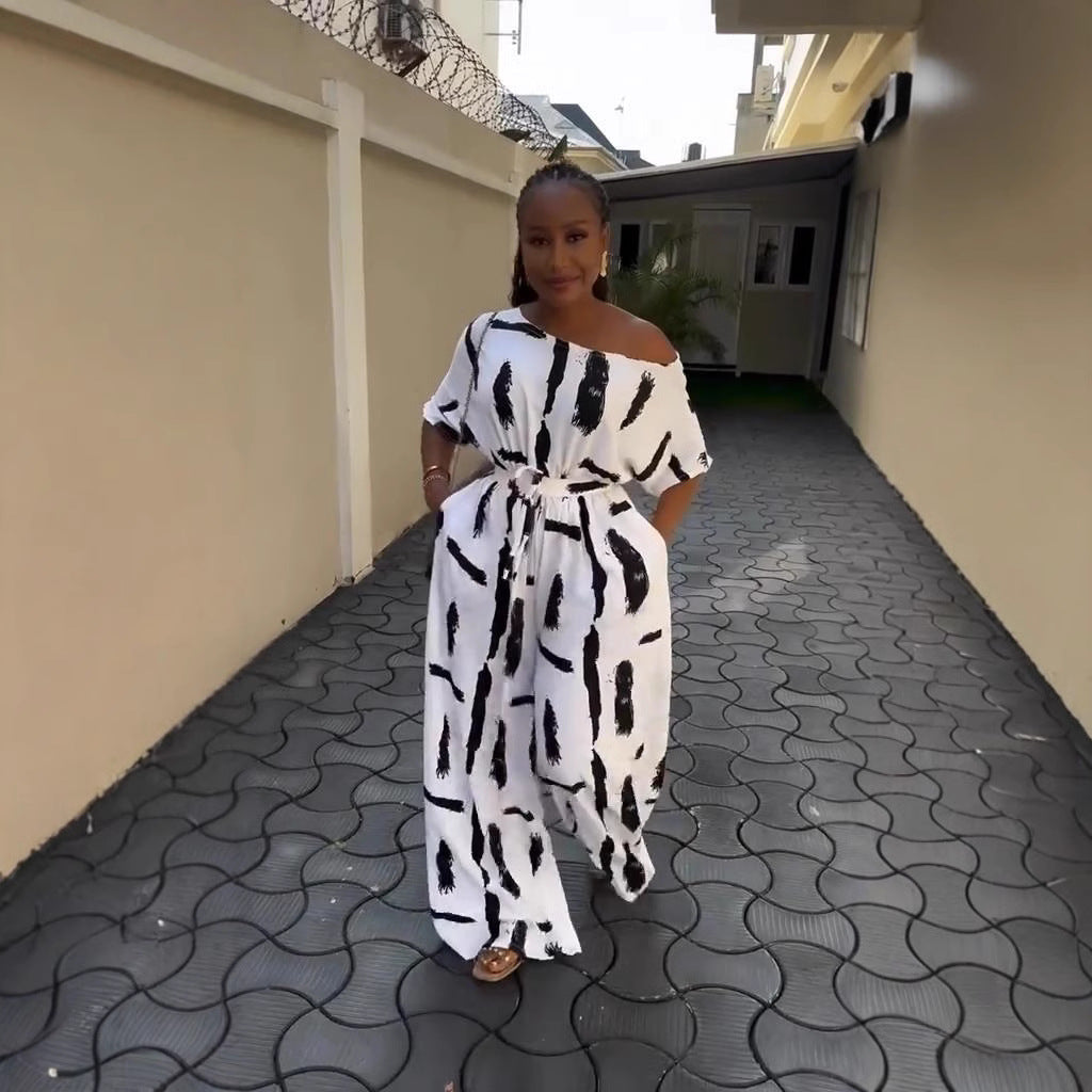 Off-shoulder Printed Short-sleeve Jumpsuit Womens Plus-size Top