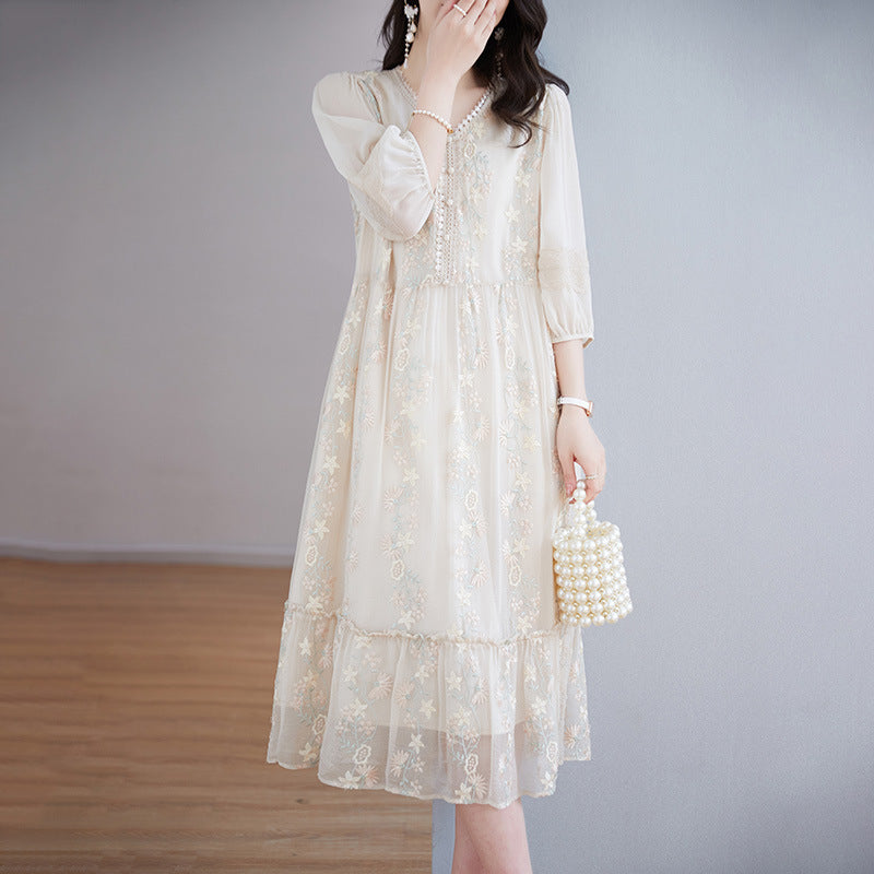Heavy-embroidered Silk Dress French Style