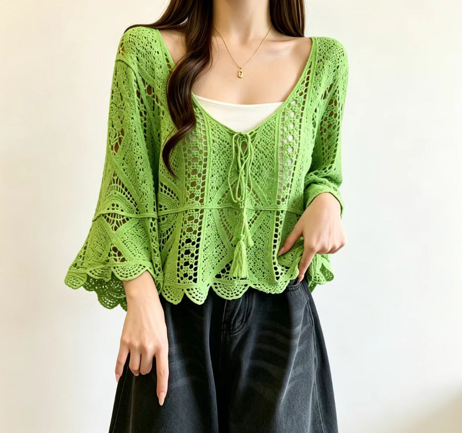 Bohemian Resort-style Crochet Hollow-out Knit Top Womens Solid-color Blouse