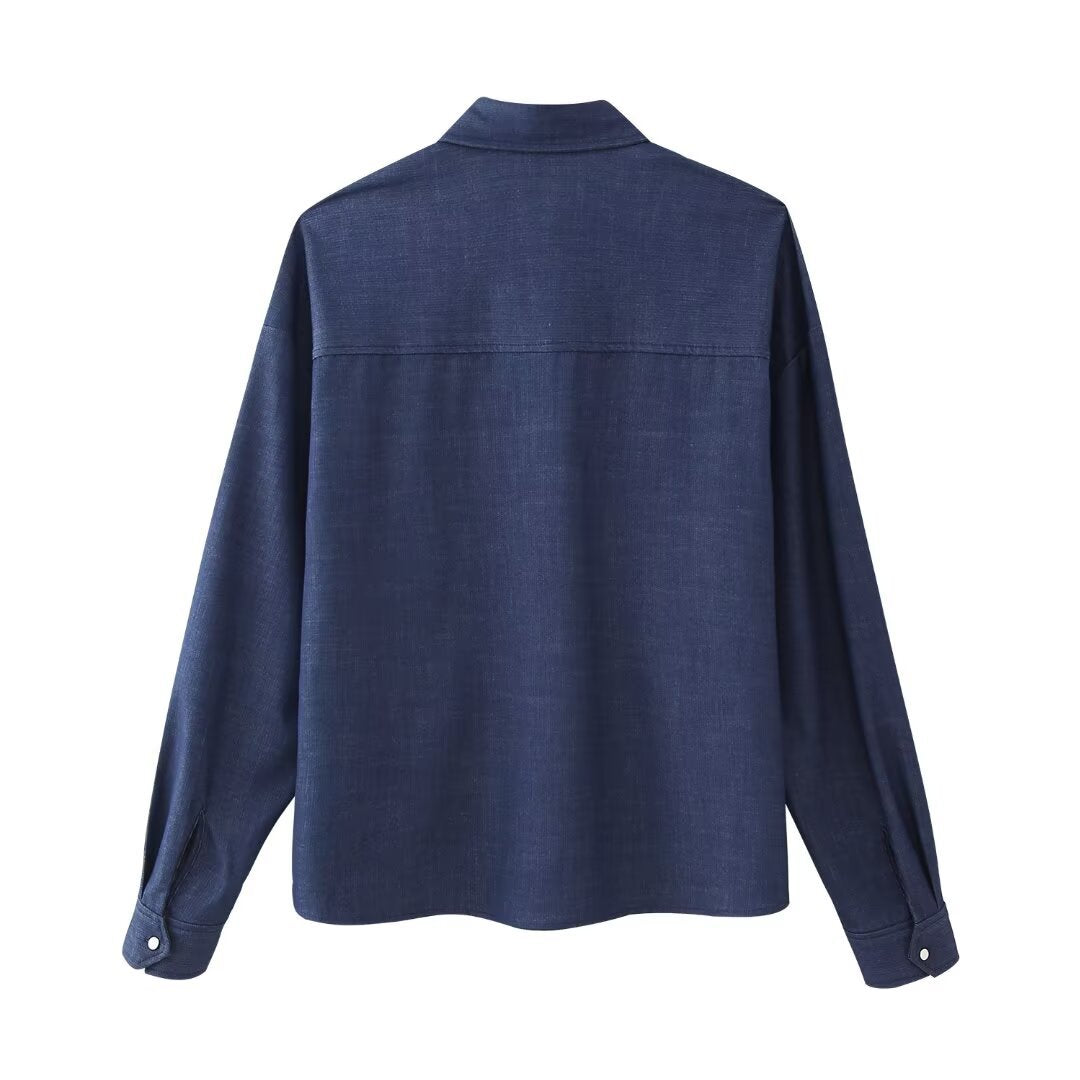 Denim Effect Versatile Casual Long Sleeve Lapel Shirt