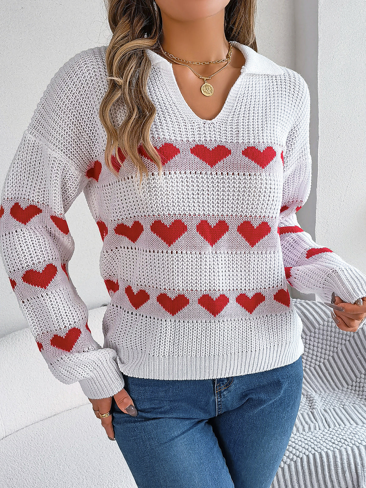 Women Casual V-neck Lantern Sleeve Color Block Heart Pullover Sweater