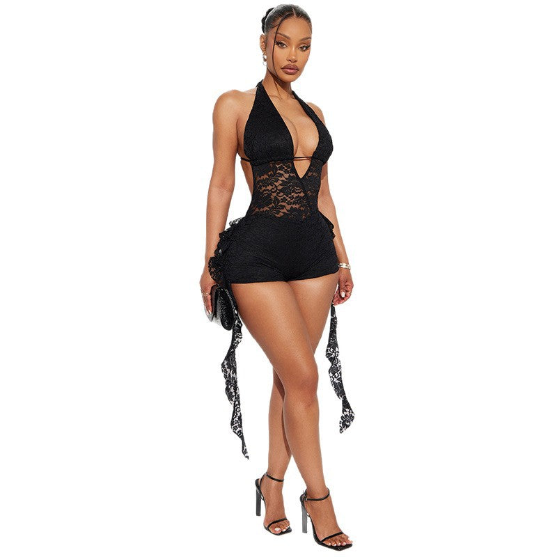 Lace-spliced Halterneck Bodysuit With A Bold Open Back And Ruffled Hem