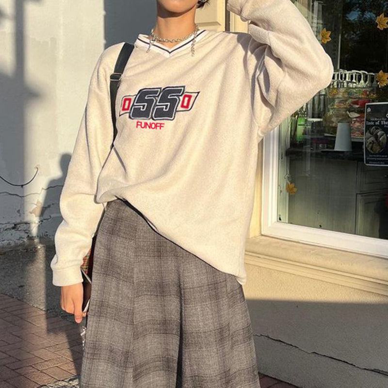 College Contrast V-Neck Print Sweatshirt Loose