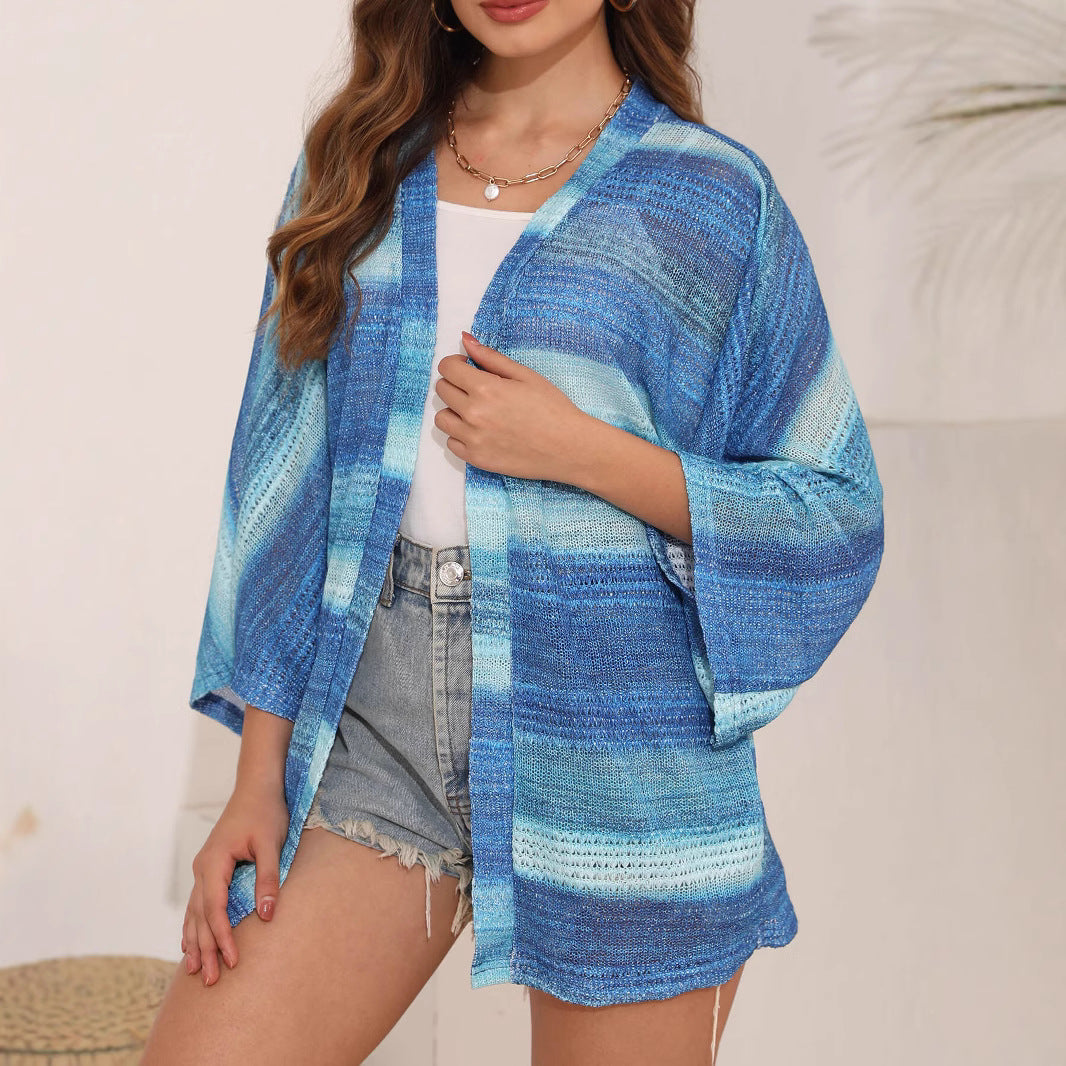 Polyester Women's Casual Loose Cardigan Sweater Hollow Tie-dye Sweater