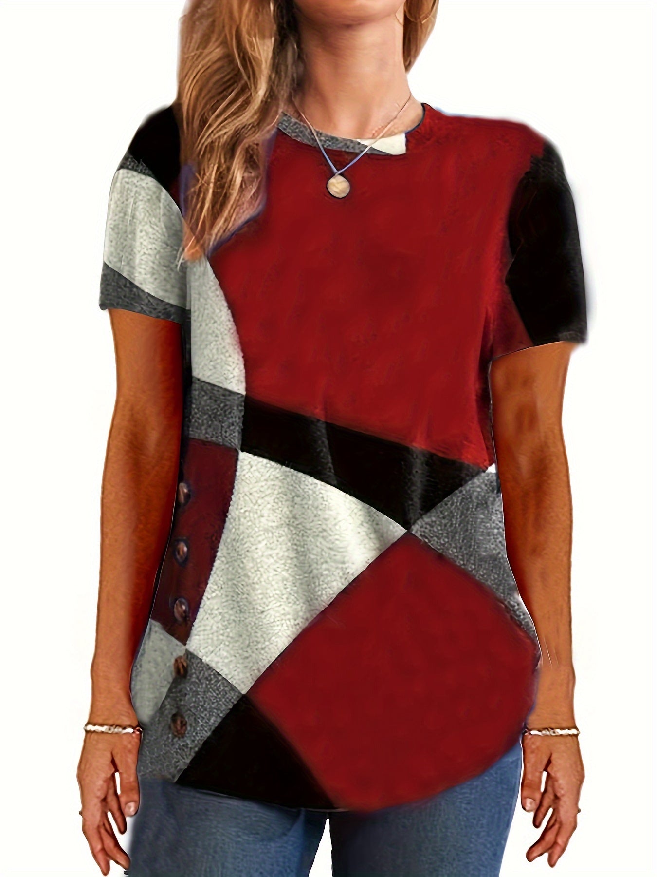 Plus Size Color-Block Casual Short-Sleeve Tee – Slightly Stretchy