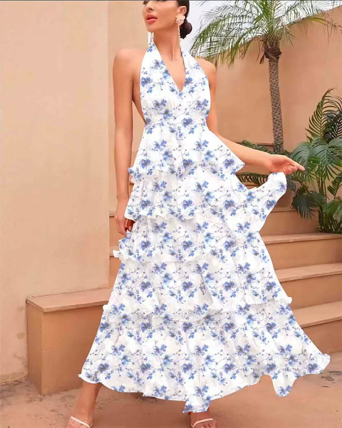 Womens V-neck Strap Multi-layer Printed Dress
