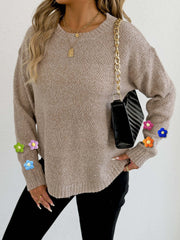 Hand-knitted Floral Patchwork Long-sleeve Crew-neck Pullover