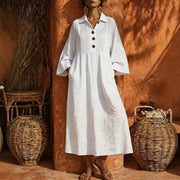 Womens Casual V-neck Front-button Long Dress