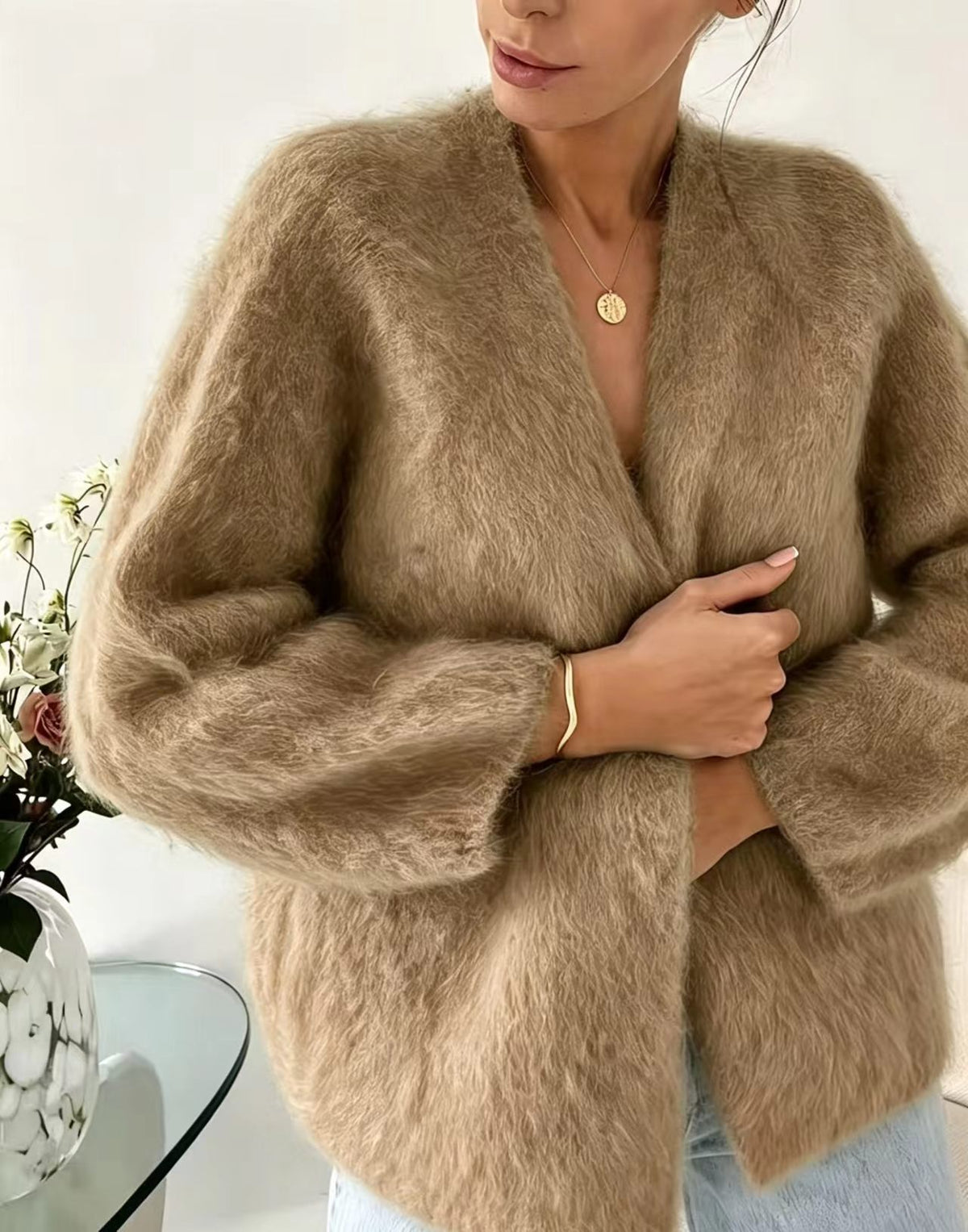 V-neck Sweater Coat Womens Knitted Cardigan Solid Color