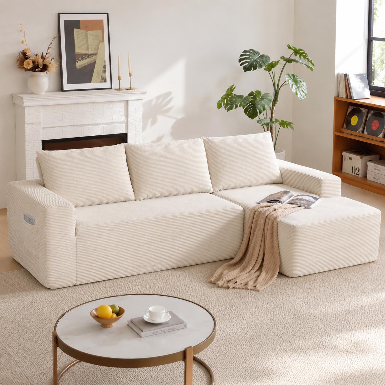 Left chaise L-shaped sectional sofa with memory foam cushions and corduroy upholstery