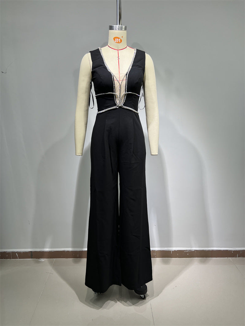 Rhinestone Edge-covered Sexy Low-cut Suit Jumpsuit
