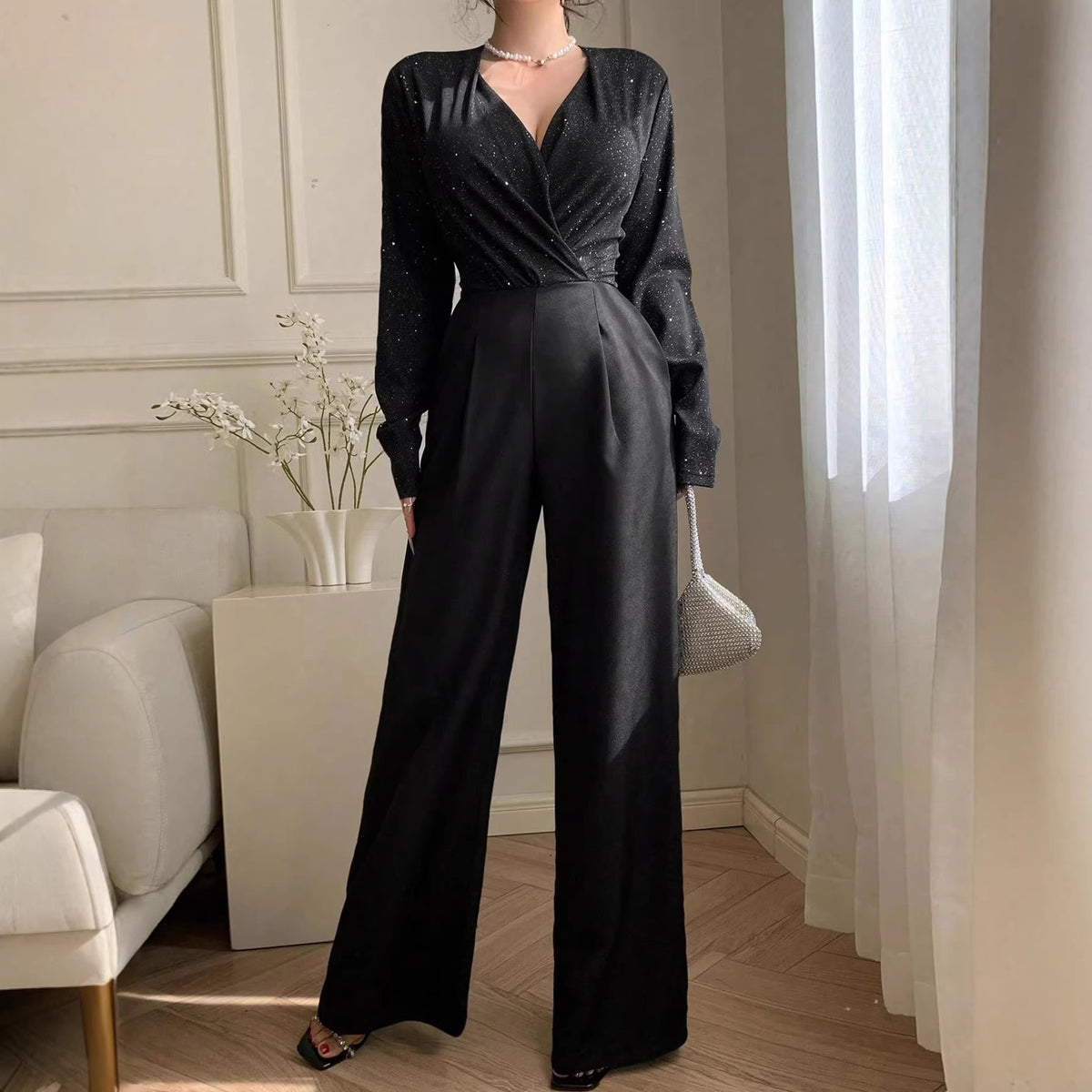 Elegant Long-Sleeve V-Neck Solid Jumpsuit