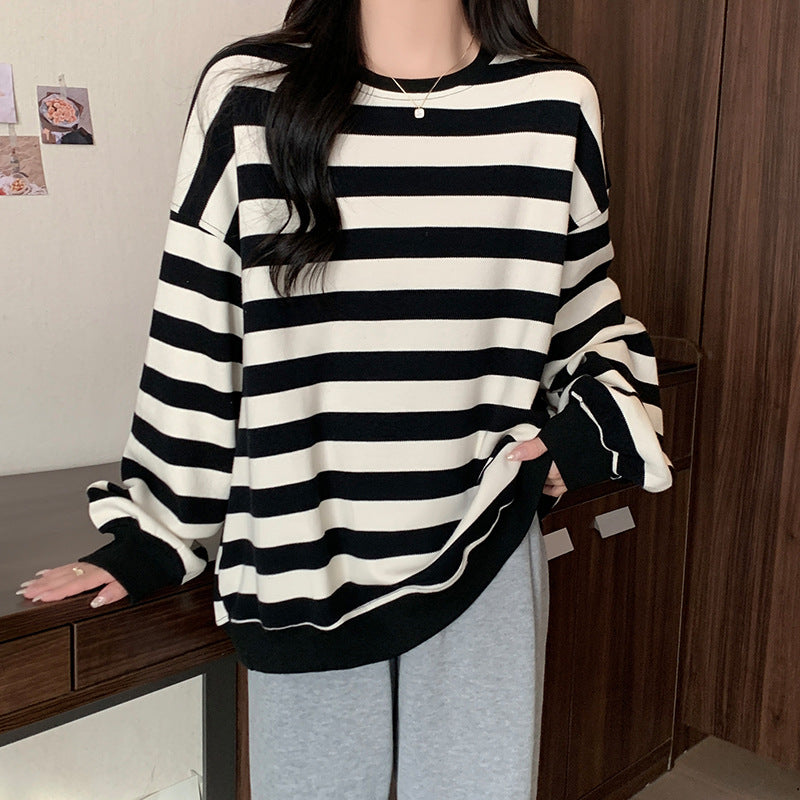 Retro Striped Crew Neck Casual Sweatshirt for Women