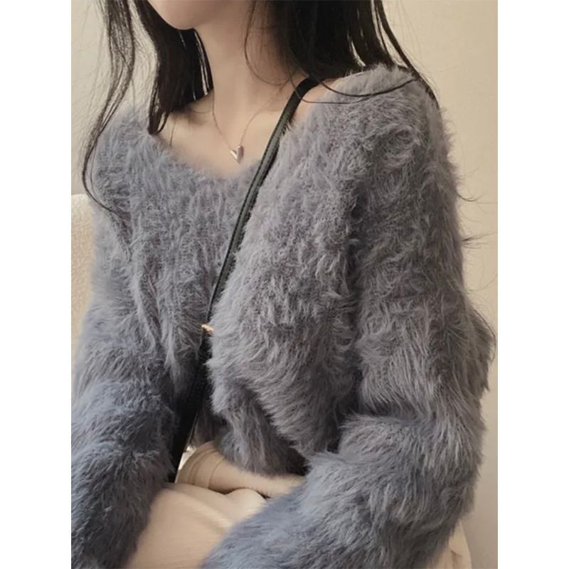 Imitation Mink V-neck Purple Sweater Women's Spring and Autumn Pure Desire