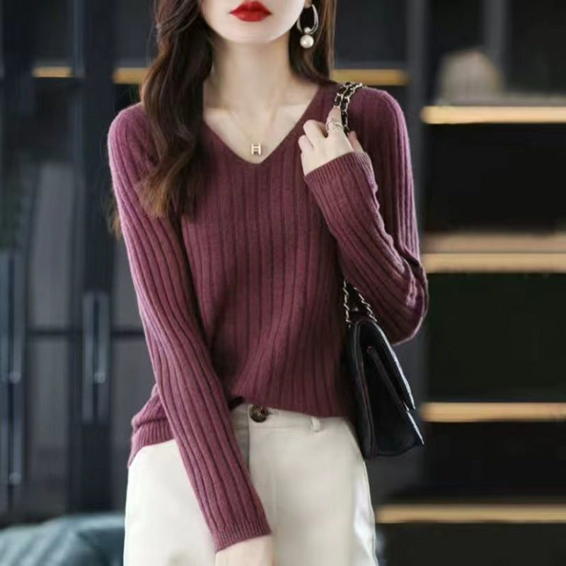 Slim V-neck Pullover Long Sleeve Knitted Sweater