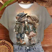 Romantic Couple Cat Print T-Shirt – Cute Art Style