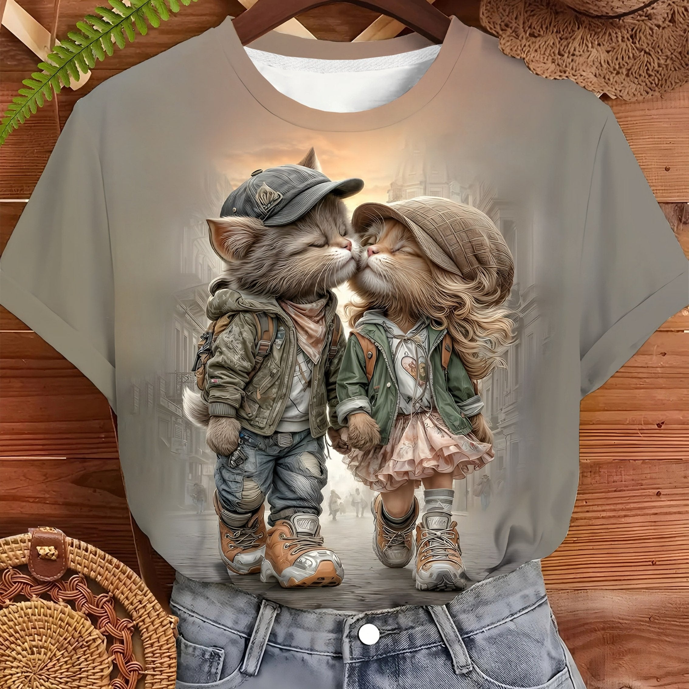 Romantic Couple Cat Print T-Shirt – Cute Art Style