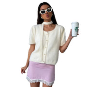 Womens Short-sleeved Mink-feel Sweater Cardigan